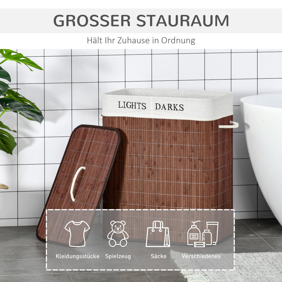 WÄSCHEKORB, Bambus, Polyester Braun+Weiß - Braun, Naturmaterialien (32/63/52cm) - HOMCOM