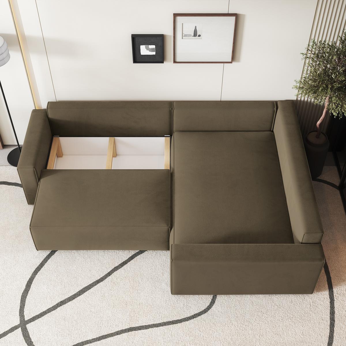 ECKSOFA ERONIS R-S Beige Velours-Stoff mit Schlaffunktion - Beige, Holz (265/194cm) - MASSENO