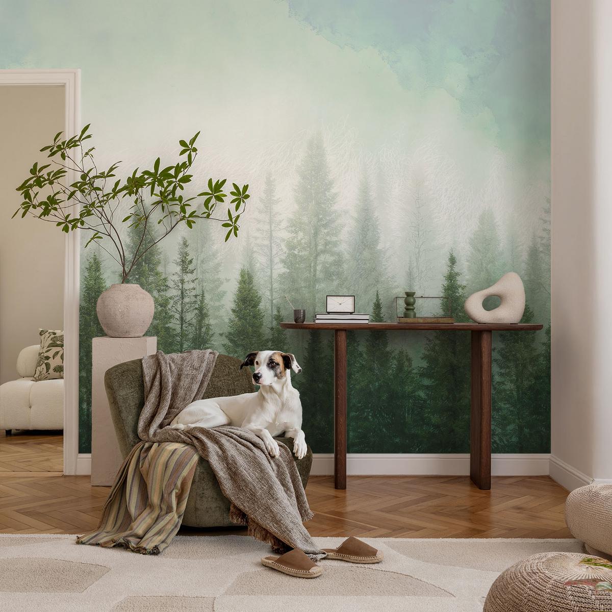 FOTOTAPETE 104x70 cm - Wolf im Wald - Grün, Textil (104/70cm) - Wallfluent