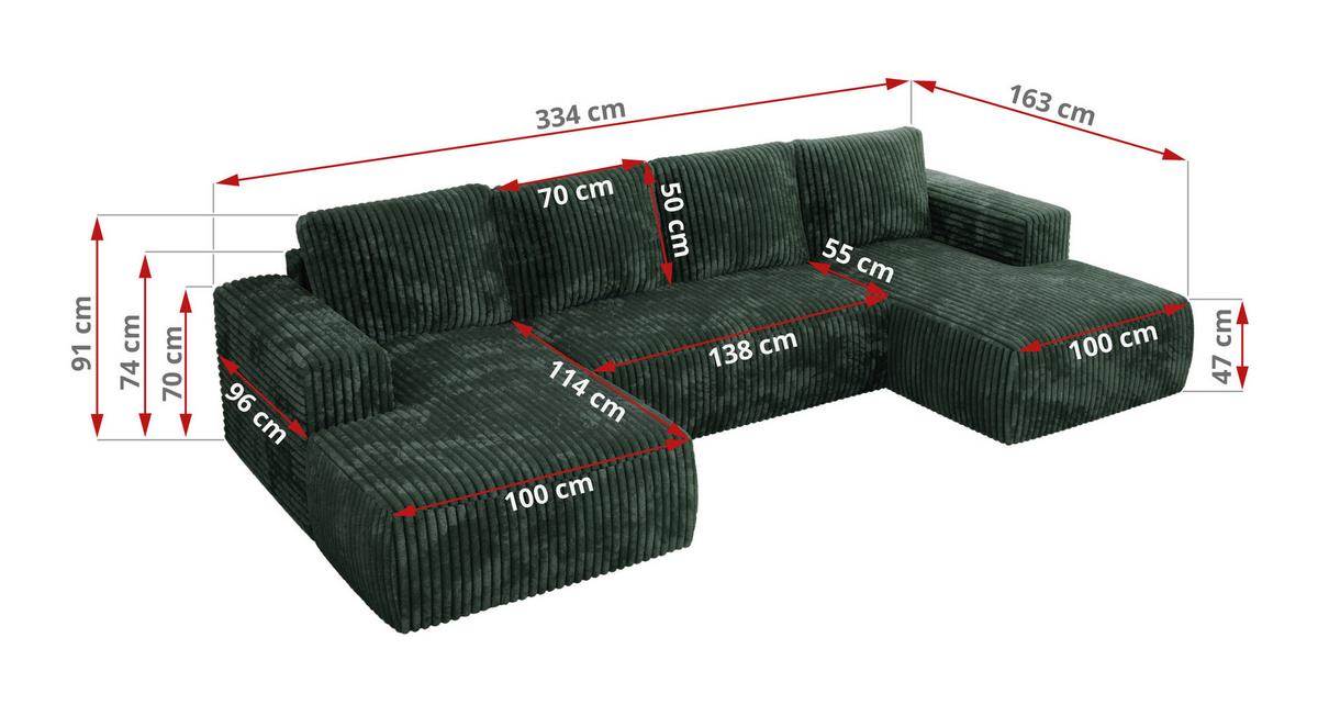 WOHNLANDSCHAFT TRENTINO U Grün Cord - Schwarz/Grün, Kunststoff/Textil (334/91/163cm) - MKS