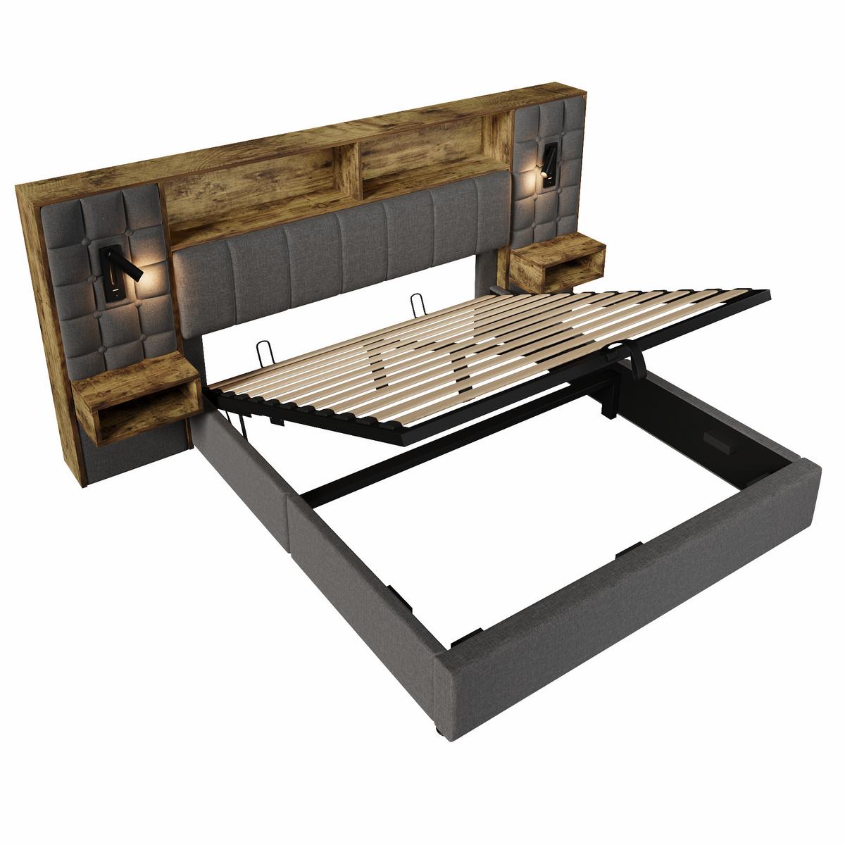POLSTERBETT 160x200 mit Stauraum LED Nachttische USB Leinen - Grau, Textil (160/200cm) - Urban Meuble