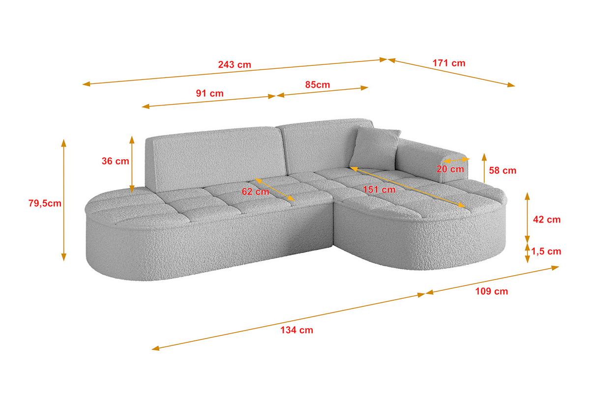 ECKSOFA Ottomane Rechts TARO-L1 - 243x171x79,5 cm Hellgrau - Hellgrau, Holzwerkstoff/Textil (243/171cm) - ALTDECOR