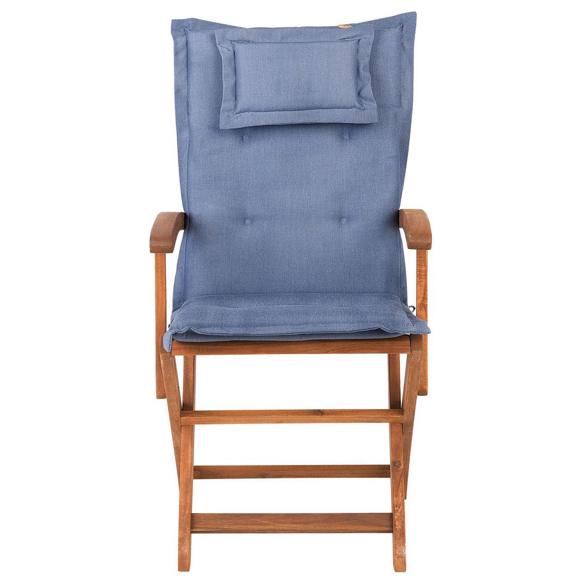 GARTENSTUHL 2er-Set Akazienholz hellbraun Auflagen blau Maui - Hellbraun/Blau, Holz (42/93/48cm) - Beliani