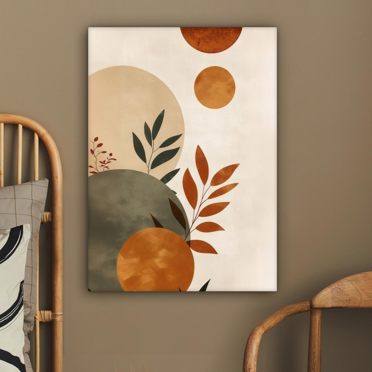 LEINWANDBILD Formen - Rund - Blätter - Beige Wandbild Wohnzimmer 60x80 cm - Rostfarben, Textil (60/80cm) - MuchoWow