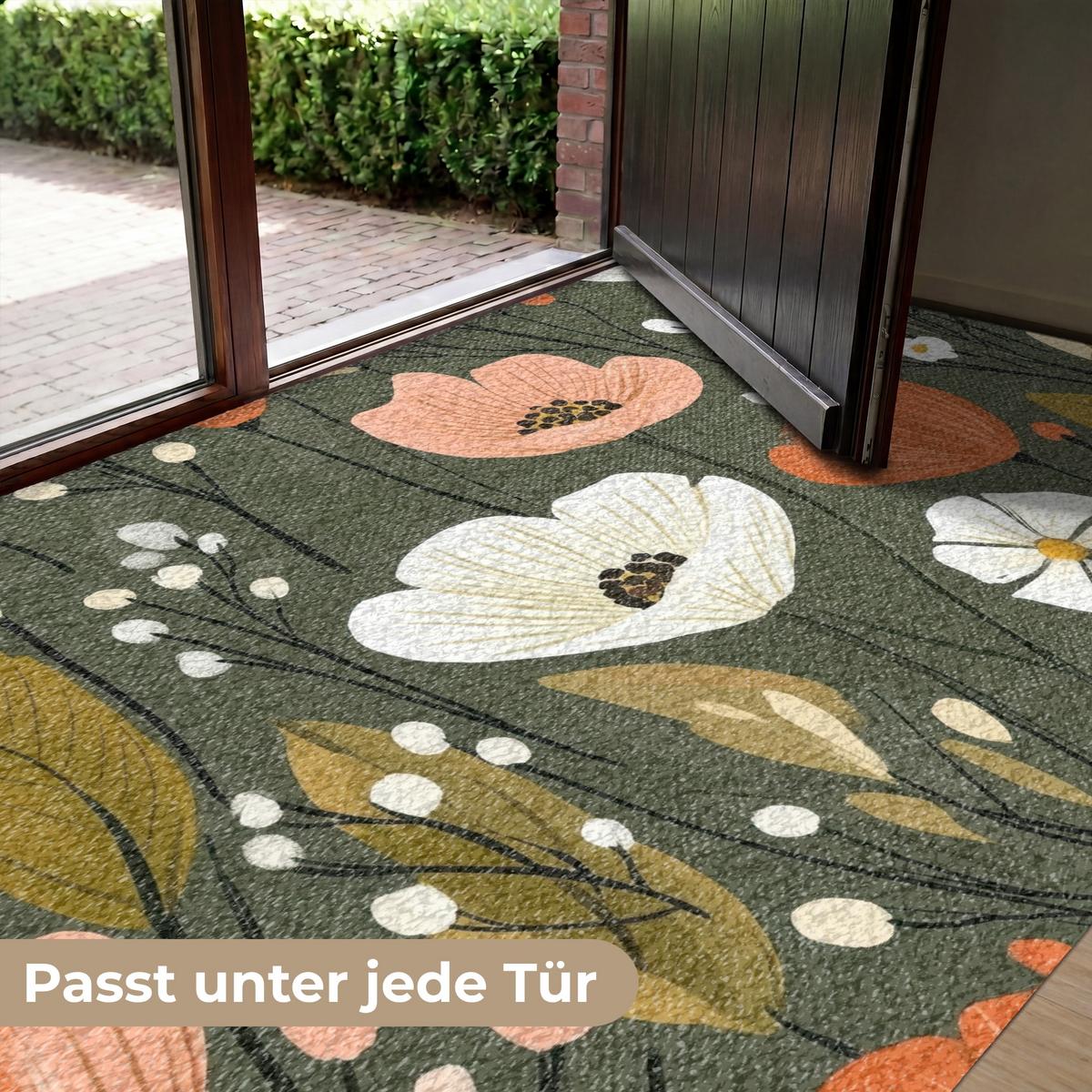 FUSSMATTE Blumen - Illustration - Grün Flurteppich 180x120 cm - Dunkelgrün, Kunststoff (180/0.4cm) - MuchoWow