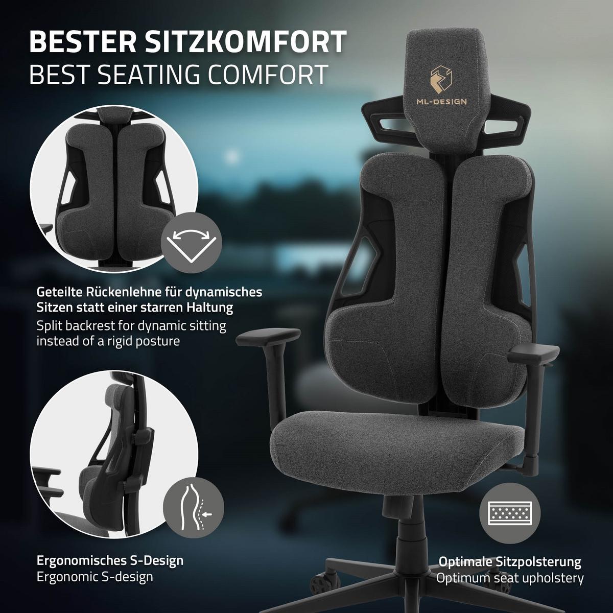 GAMINGSTUHL mit Stoffbezug in Grau Individuell Einstellbar - Schwarz/Grau, Kunststoff/Textil (69/142/68cm) - ML-DESIGN