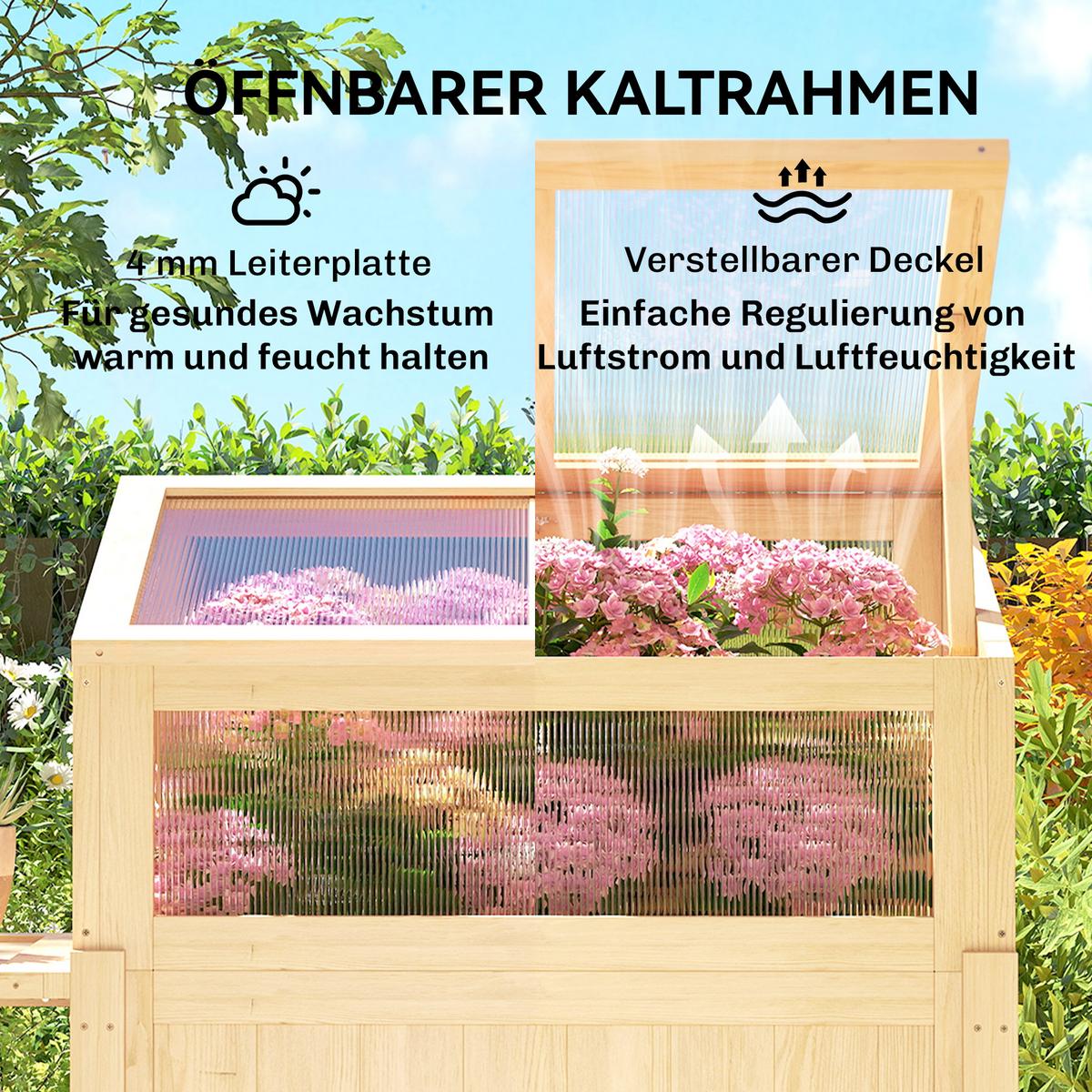 HOCHBEET mit Frühbeetaufsatz aus Holz Pflanzkasten mit Gewächshaus Seitentisch - Naturfarben, Holz (50/120/104cm) - Outsunny