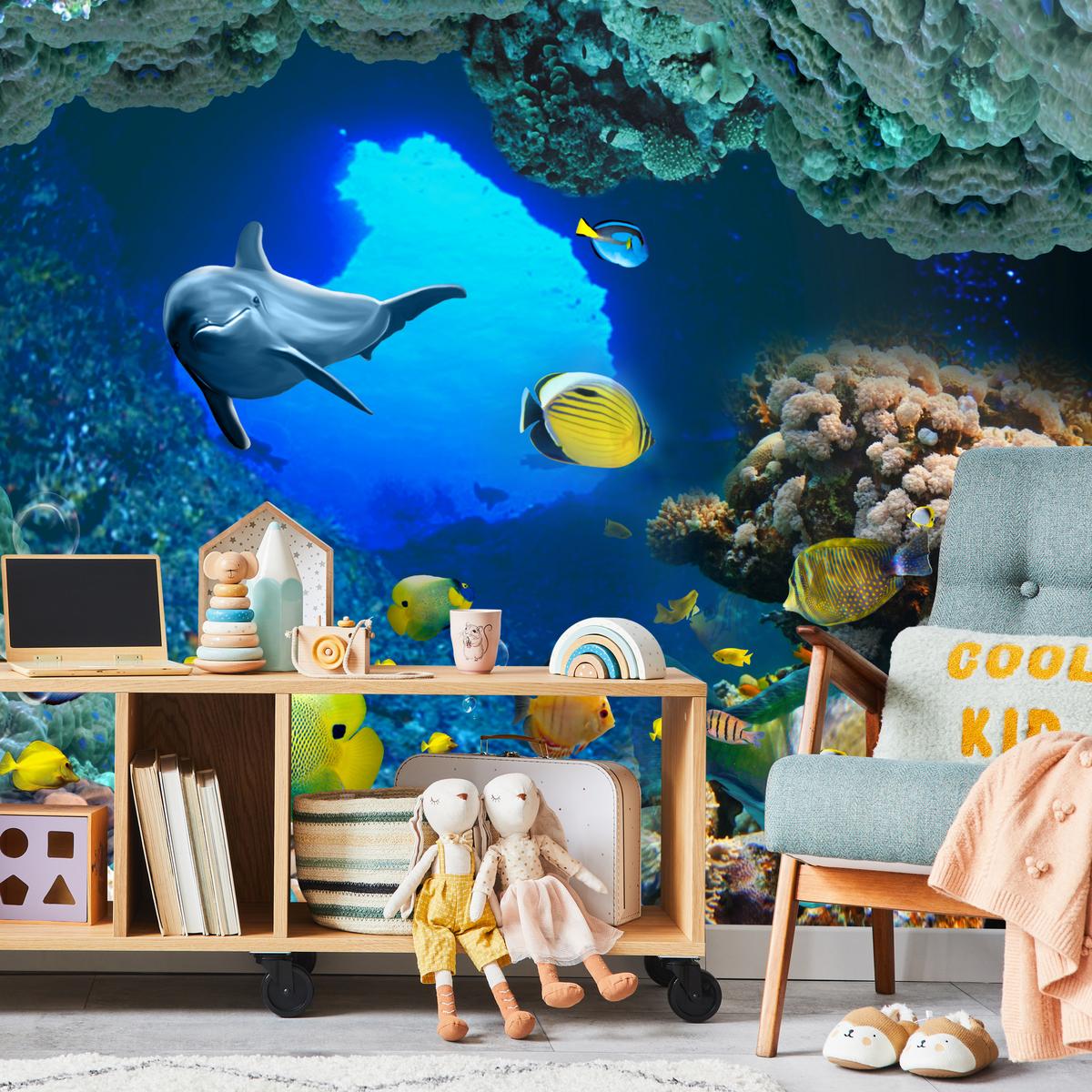 FOTOTAPETE für Badezimmer Unterwasser Korallenriffe Fische 350x256 - Türkis/Blau, Papier (350/256cm) - Muralo