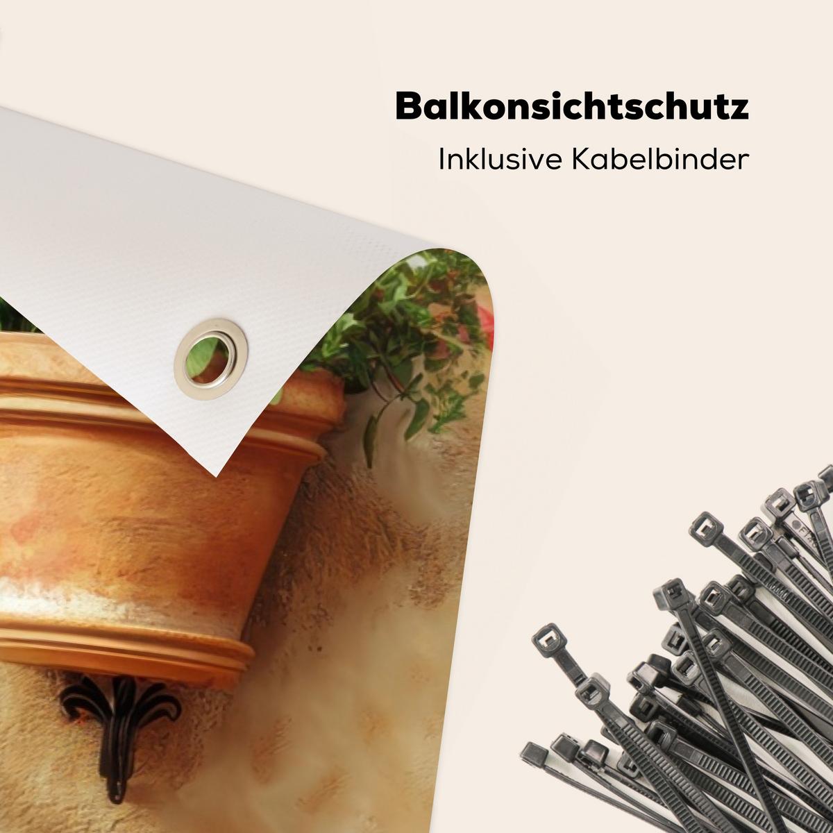 BALKON-SICHTSCHUTZ Blumentöpfe - Wand - Vintage Balkon Deko 300x120 cm - Terracotta, Kunststoff (300/120cm) - MuchoWow