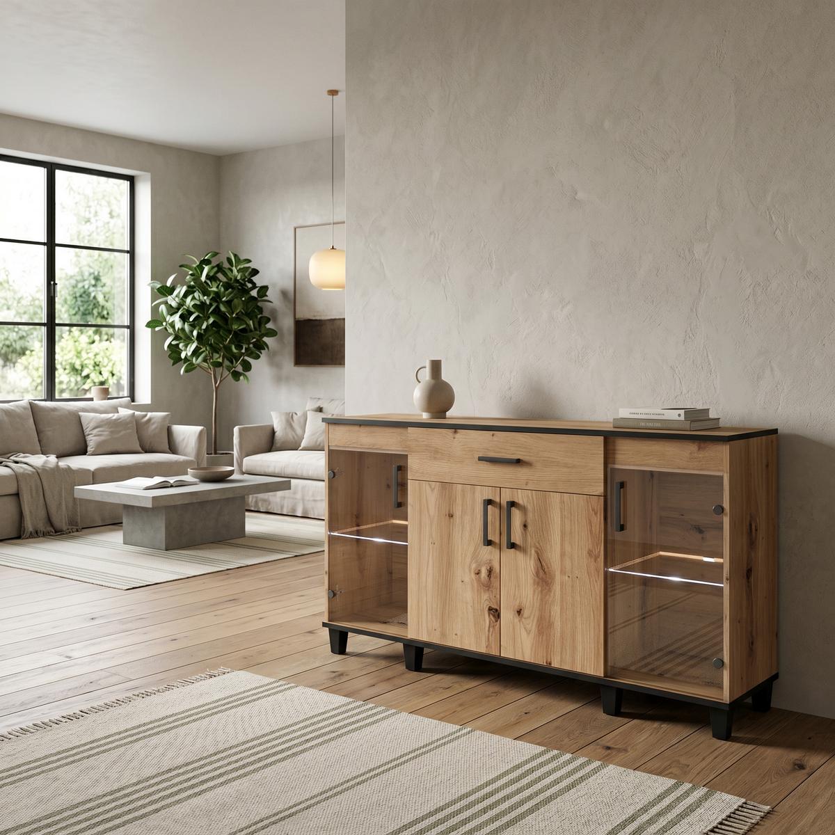 KOMMODE CORTEZA 160/90/40cm mit 1 Schubladen 4 Türen Eiche Artisan - Eiche Artisan, Holzwerkstoff (160/90/40cm) - MASSENO