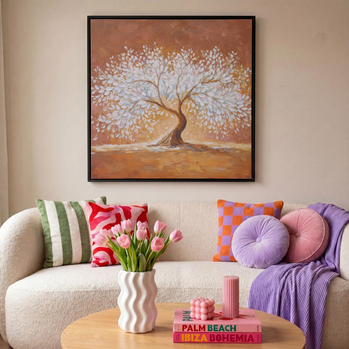 LEINWAND Bilder mit Rahmen - Abstrakt - Baum - Weiß - Blätter - 90x90 - Braun, Textil (90/90cm) - MuchoWow