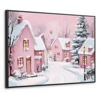 LEINWAND Bilder mit Rahmen - Weihnachtsdorf - Rosa - Winter - Schnee - Häuser - 70x50 - Altrosa, Textil (70/50cm) - MuchoWow