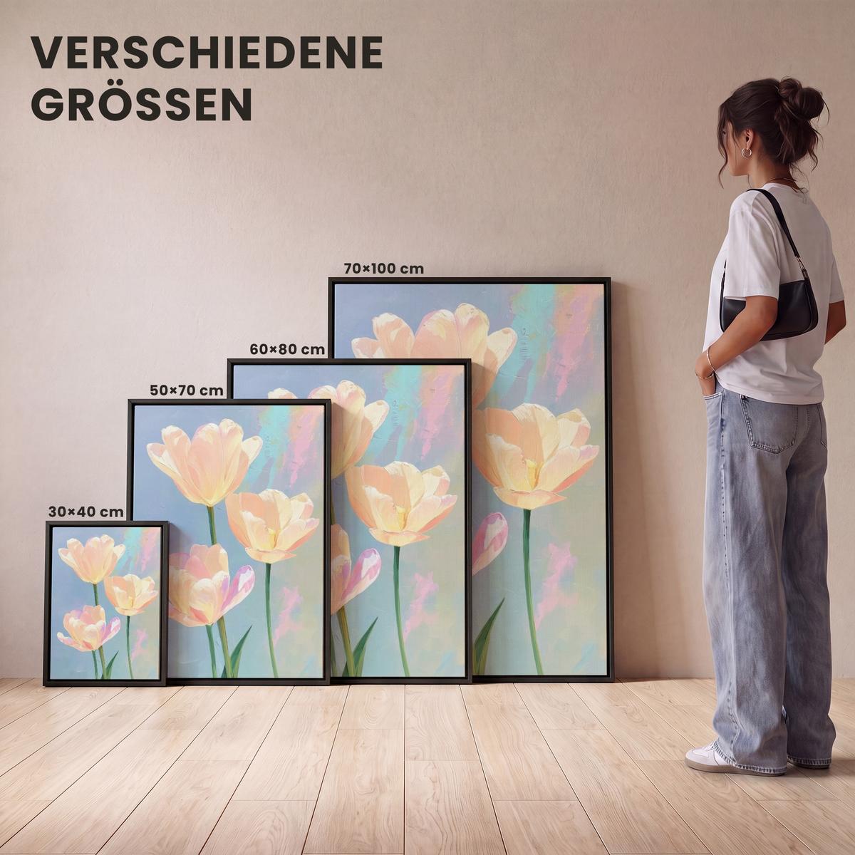 LEINWAND Bilder mit Rahmen - Tulpen - Rosa Akzente - Blau - 60x80 - Pastellblau, Textil (60/80cm) - MuchoWow