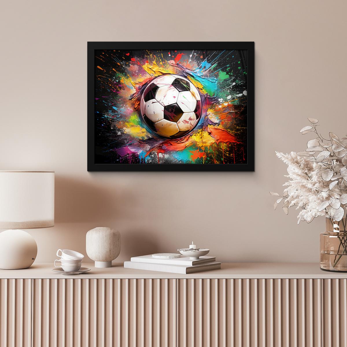 POSTER MIT RAHMENGERAHMTES BILD Fußball - Farbe - Farben - Schwarz - Weiß 40x30 cm - Weiß, Papier (40/30cm) - MuchoWow