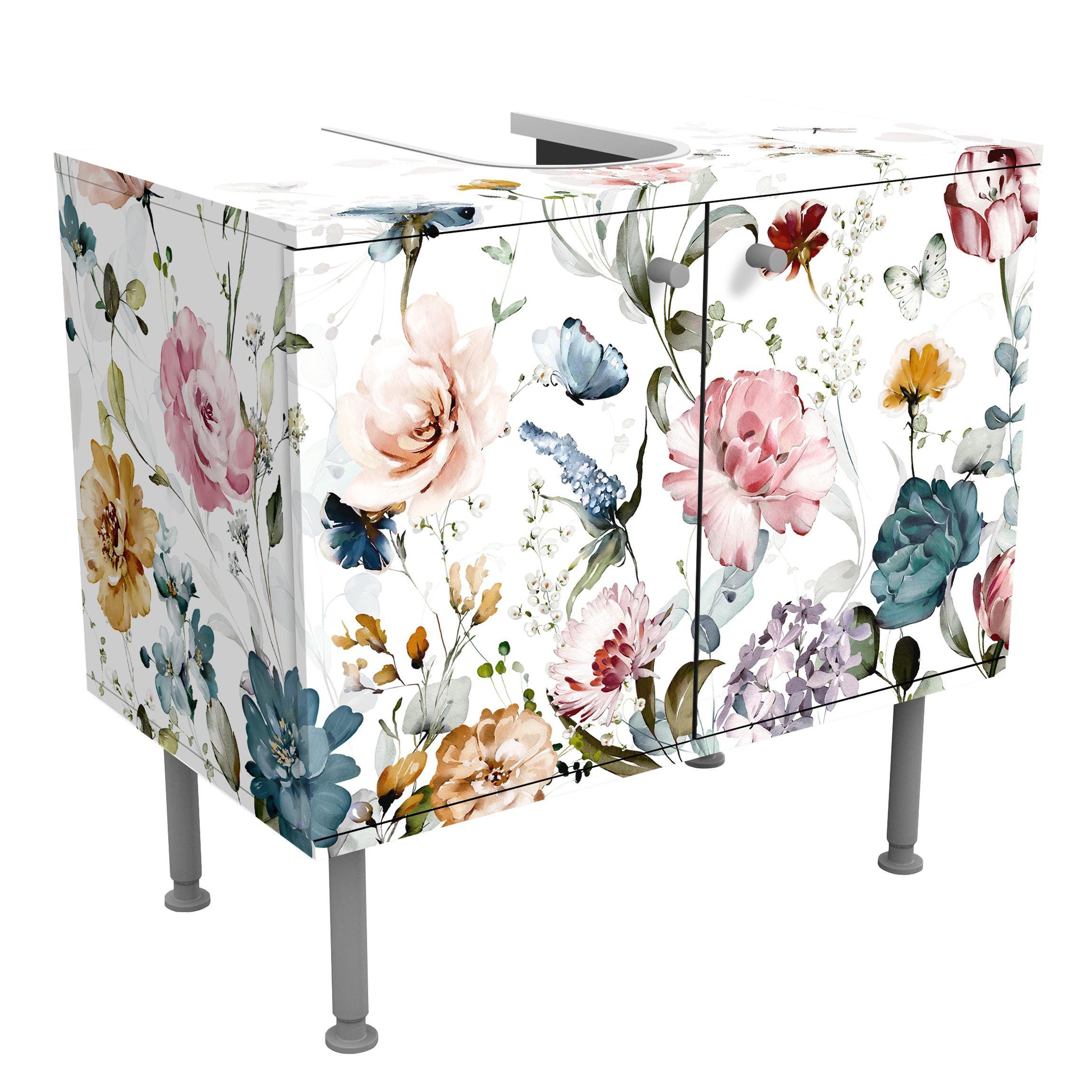 WASCHBECKENUNTERSCHRANK Rankende Blumen mit Schmetterlingen Aquarell 60/55/35 cm - Pastellblau, Holzwerkstoff (60/55/35cm) - Bilderwelten