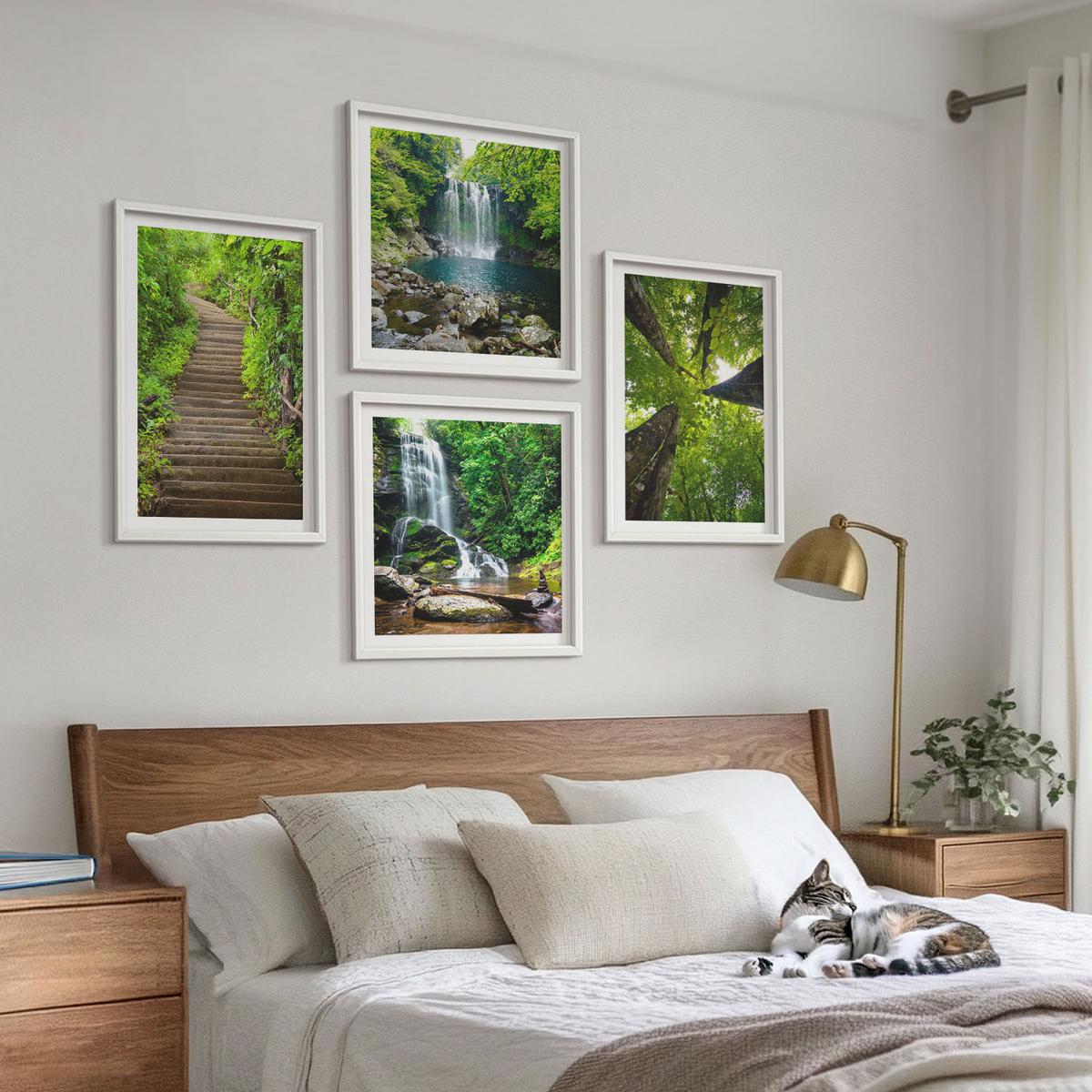BILDER SET 4er Set - 50x50 cm & 40x60 cm Weißer Rahmen - Pfad Wald Wasserfall Vegetation - Weiß, Kunststoff (50/50cm) - TULUP