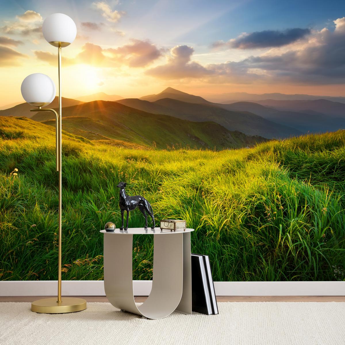 FOTOTAPETE für Wohnzimmer Sonnenuntergang Berge Wiese Gras 100x70 - Gelb/Beige, Papier (100/70cm) - Muralo