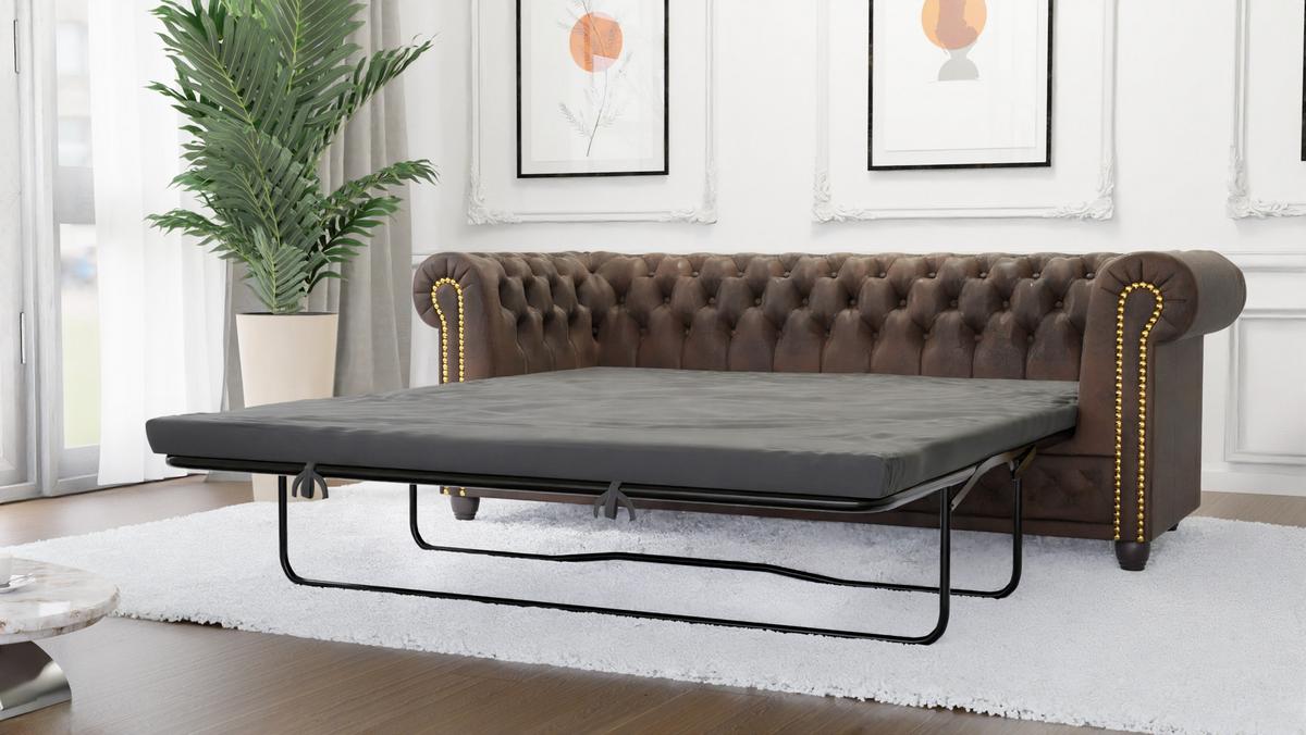 CHESTERFIELD-SOFA 3-sitzer mit Schlaffunktion Flux Dunkelbraun Microfaser Vintageoptik - Dunkelbraun/Braun, Holz/Textil (203/72/86cm) - S-Style Möbel