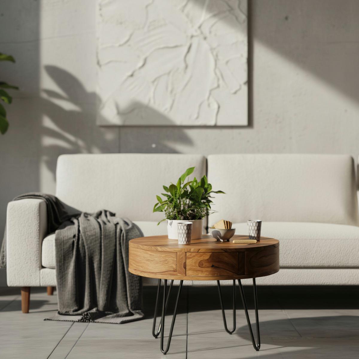COUCHTISCH rund Braun, Massivholz mit Metallgestell, 60x44.5x60 cm, inklusive Schubladen - Schwarz/Braun, Holz/Metall (60/60/44cm) - KADIMA DESIGN