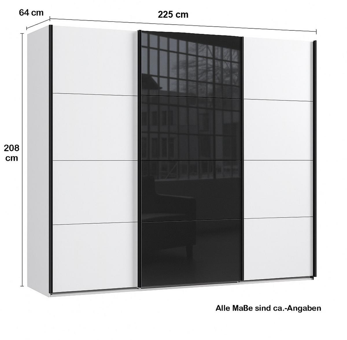 SCHWEBETÜRENSCHRANK 3-türig B225/H208/T64 cm in Weiß, Kleiderschrank mit einer Glasfront-Tür in Schwarz / 22522 - Schwarz Hochglanz/Edelstahlfarben, Holzwerkstoff/Metall (225/208/64cm) - luma-home