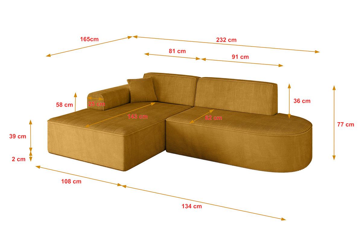 ECKSOFA Ottomane Links IREA-L1-v3 - 232x165x77 cm Senfgelb - Grün, Holzwerkstoff/Textil (232/165cm) - ALTDECOR