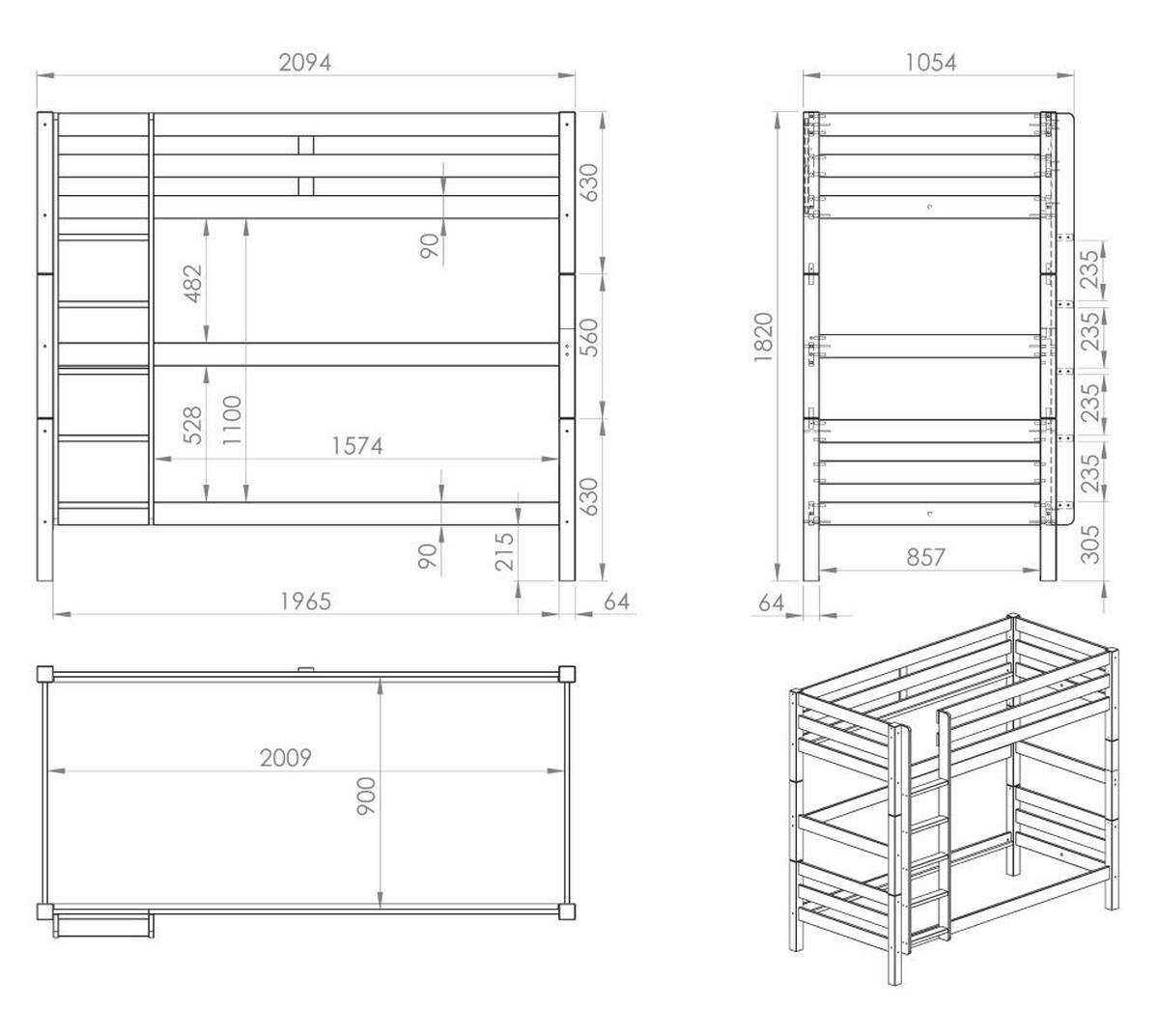 ETAGENBETT Karolina 210x182x105 aus Massivholz in Weiß - Weiß, Holz (90/200cm) - 58aufmkessel