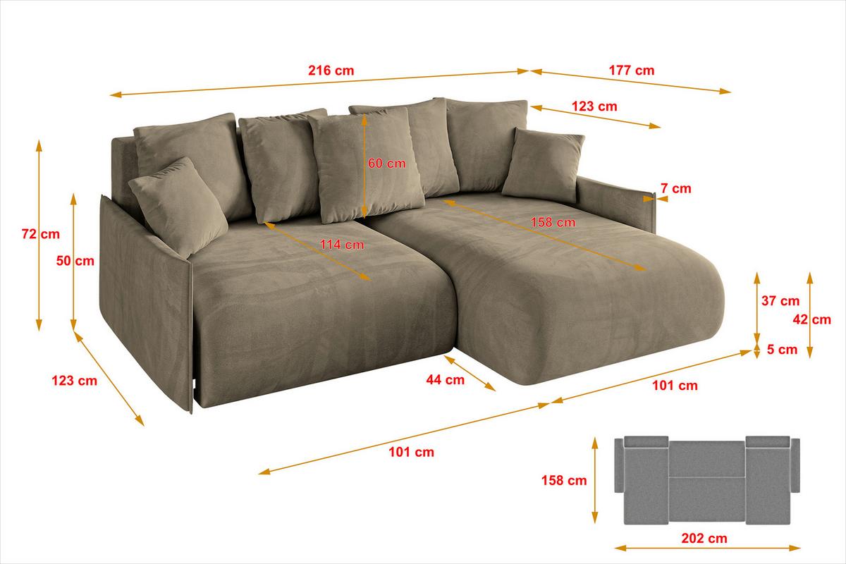 ECKSOFA Ottomane rechts ONESK-L-v1 216x177x72 Braun Velours - Braun, Holzwerkstoff/Kunststoff (177/216cm) - ALTDECOR