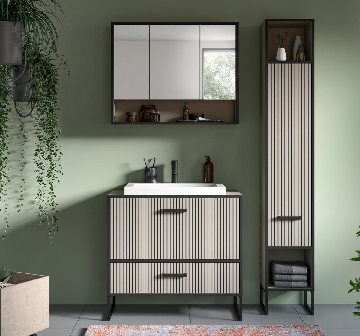 BADMÖBEL-SET schwarz, sand mit Waschbecken 125 cm, Kombination mit Soft-Close - Sandfarben/Schwarz, Glas/Keramik (125/192/48cm) - Inn.Furn