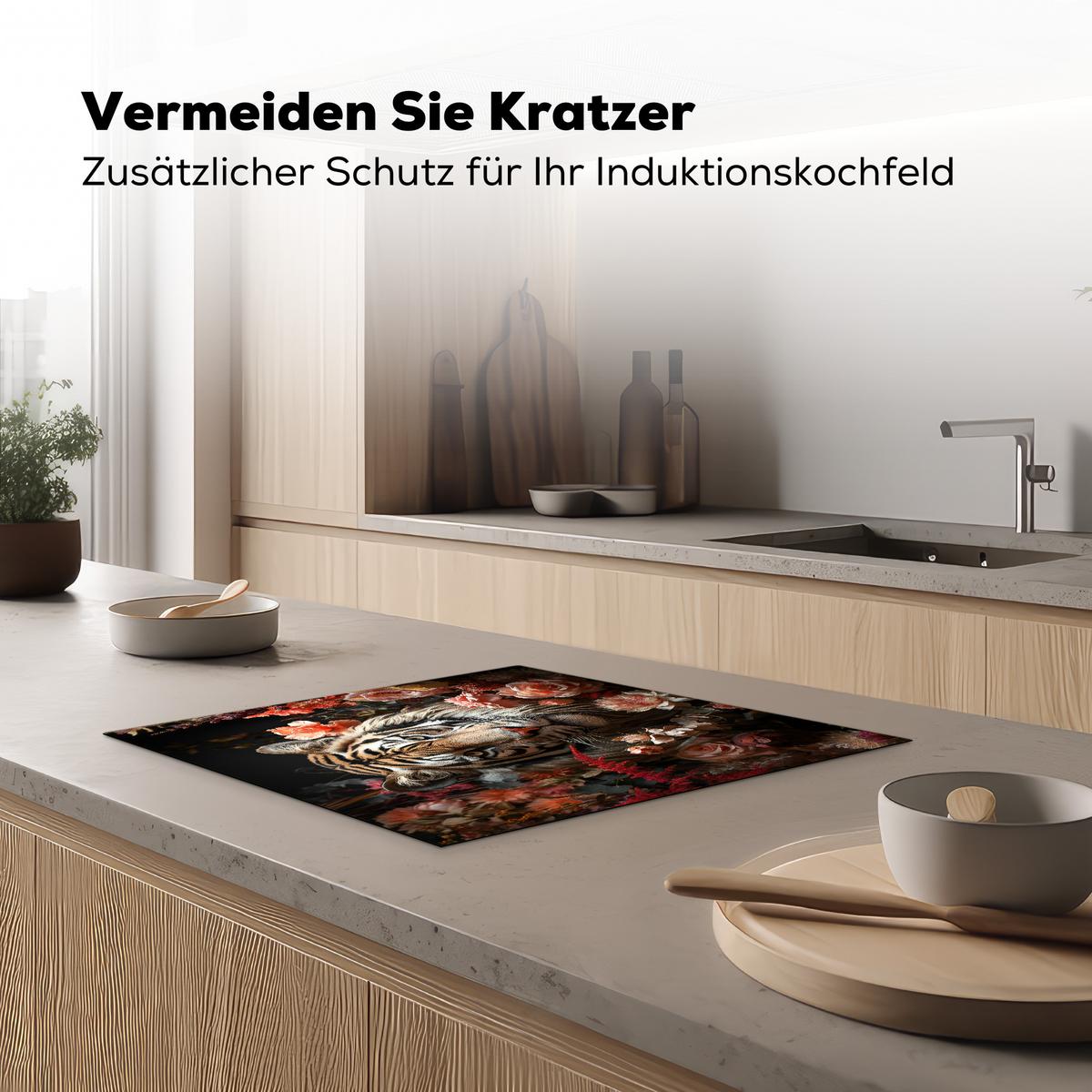 HERDABDECKPLATTE Tiger - Tier - Natur - Floral - Botanisch Herdabdeckung Induktionsfeld 60x52 cm - Orange, Kunststoff (60/52/0.2cm) - MuchoWow