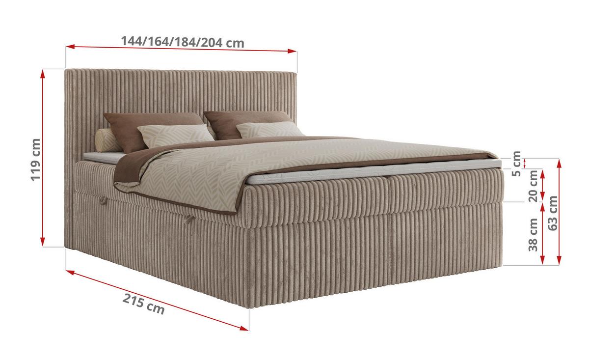 BOXBETT TILIANO 160/200 - Hellbraun Cord - H4 - Hellbraun, Textil (160/200cm) - MKS