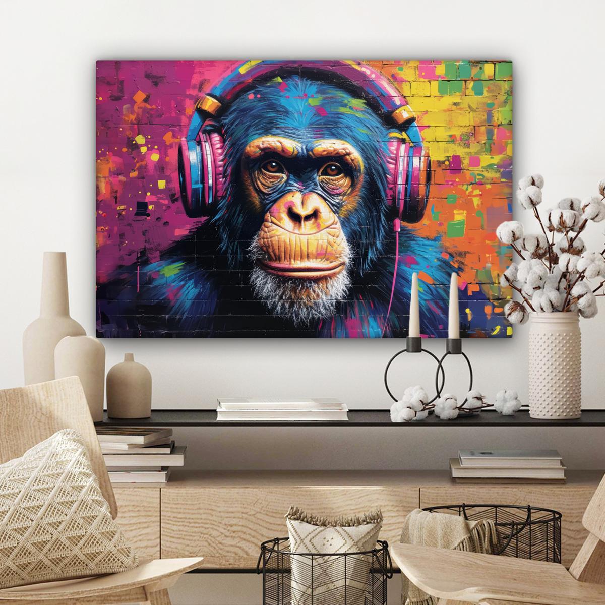 LEINWANDBILD Graffiti - Schimpanse - Straßenkunst - Kopfhörer - Affe XXL 150x100 cm - Blau, Textil (150/100cm) - MuchoWow