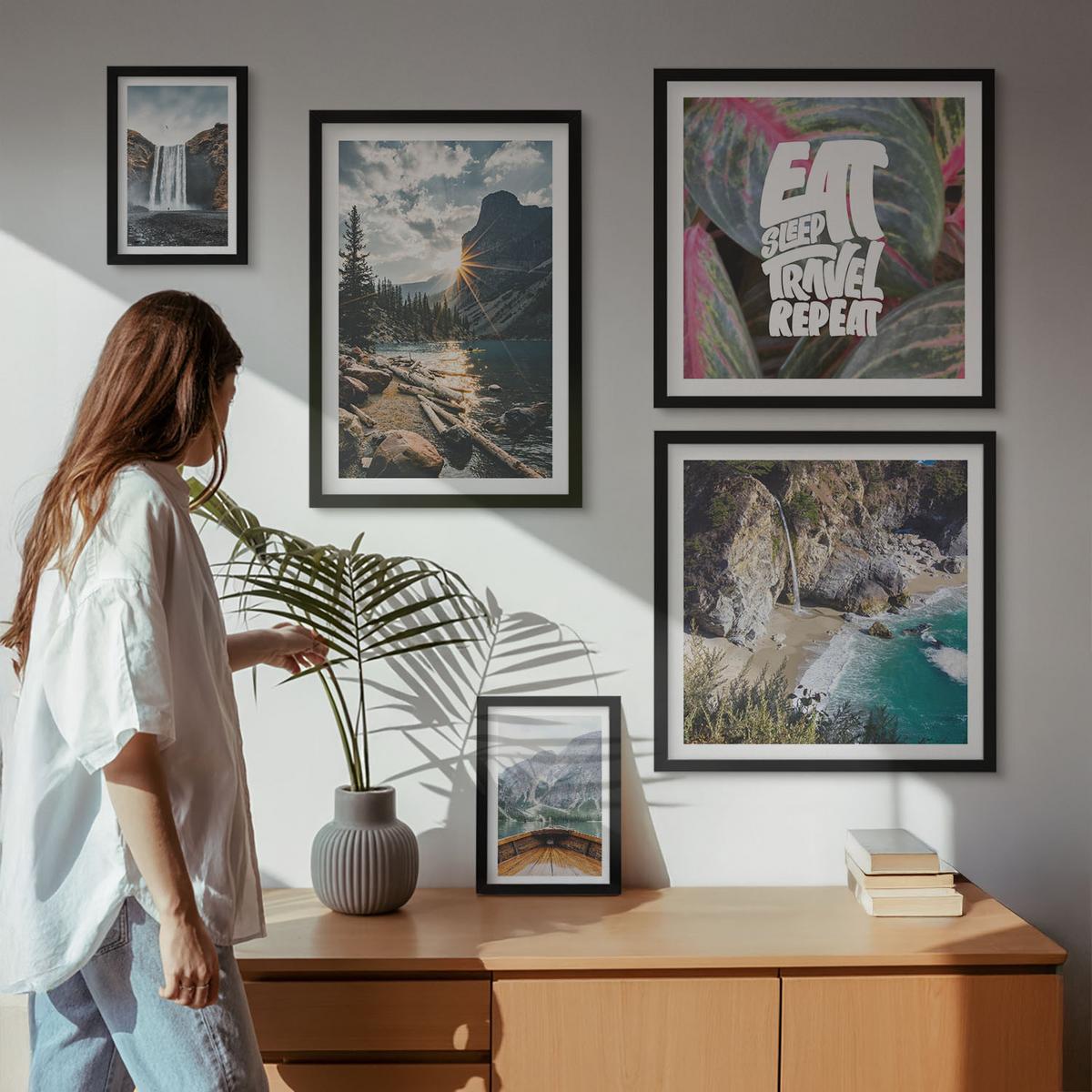 BILDER SET 5er Set - 50x50 cm & 20x30 cm & 40x60 cm Schwarzer Rahmen - Wasserfall Bergreise Natur - Schwarz, Kunststoff (40/60cm) - TULUP