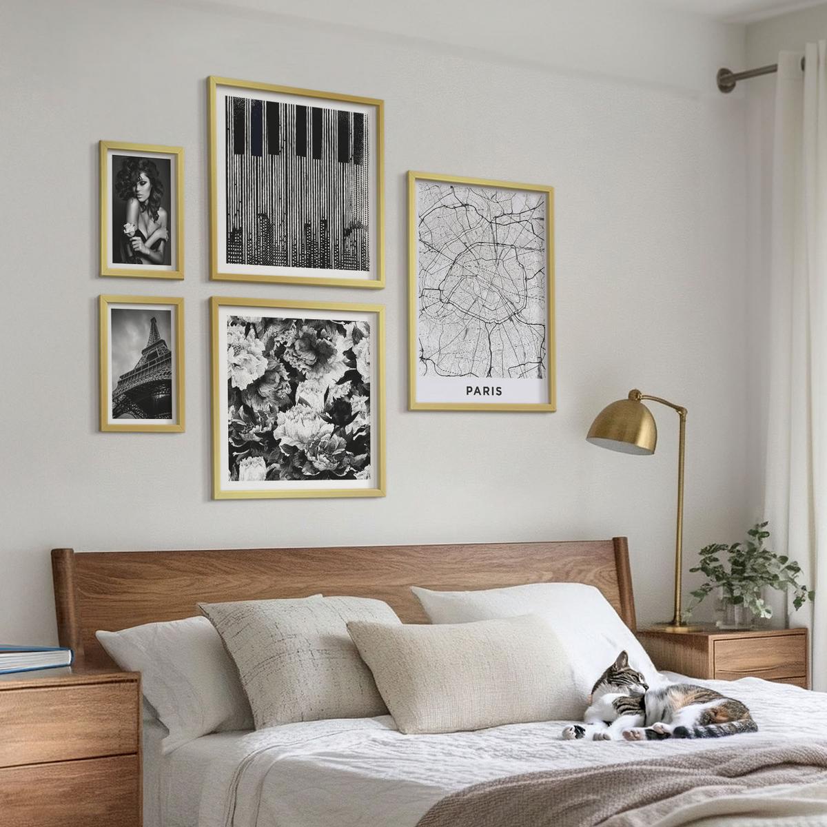 BILDER SET 5er Set - 50x50 cm & 20x30 cm & 40x60 cm Goldrahmen - Porträt einer Frau mit einer Eiffel-Rose - Goldfarben, Kunststoff (40/60cm) - TULUP