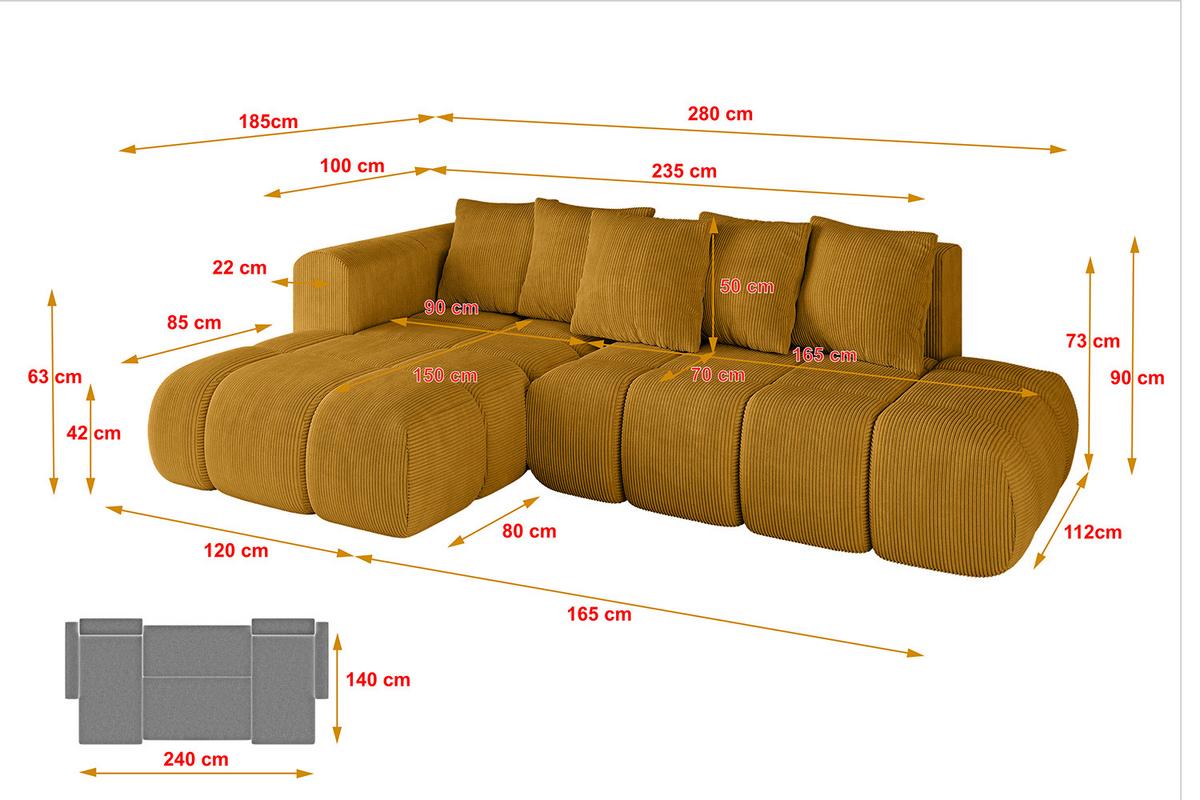 ECKSOFA Ottomane Links CLOUD-L-v1 280x185x90 Senfgelb Cord - Currygelb, Holzwerkstoff/Kunststoff (180/289cm) - ALTDECOR