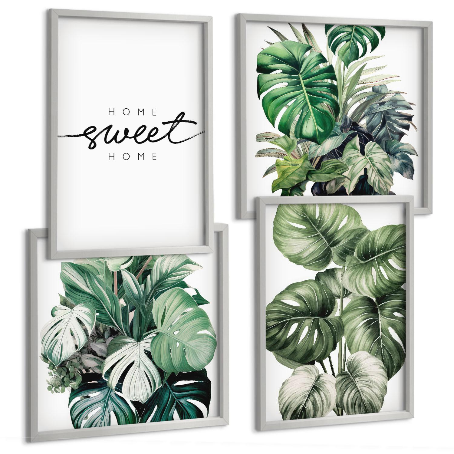 BILDER SET 4er Set - 50x50 cm & 40x60 cm Silberner Rahmen - Sweet Home Green Plants - Silberfarben, Kunststoff (50/50cm) - TULUP