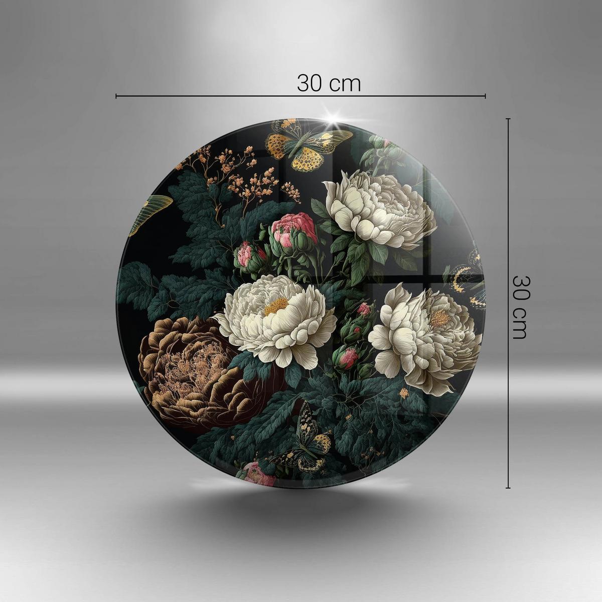 GLASPLATTE Ø 30 cm Vintage Pfingstrosen Blumen - Schwarz, Glas (30/30cm) - Wallfluent