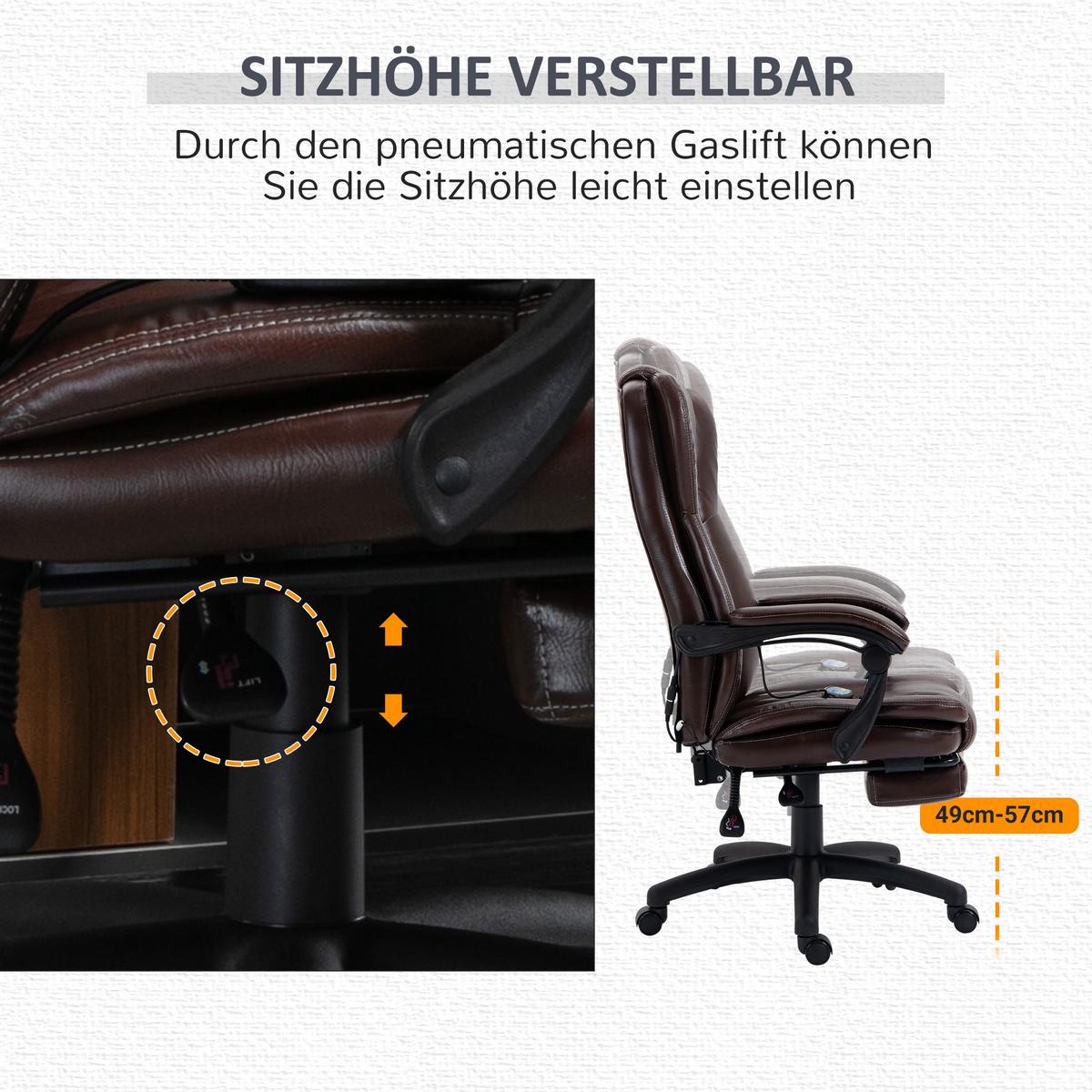 VERSTELLBARER Drehstuhl mit Fußstütze, Kopfstütze, Massagefunktion, Braun - Schwarz/Braun, Kunststoff (68.5/121/68.5cm) - Vinsetto