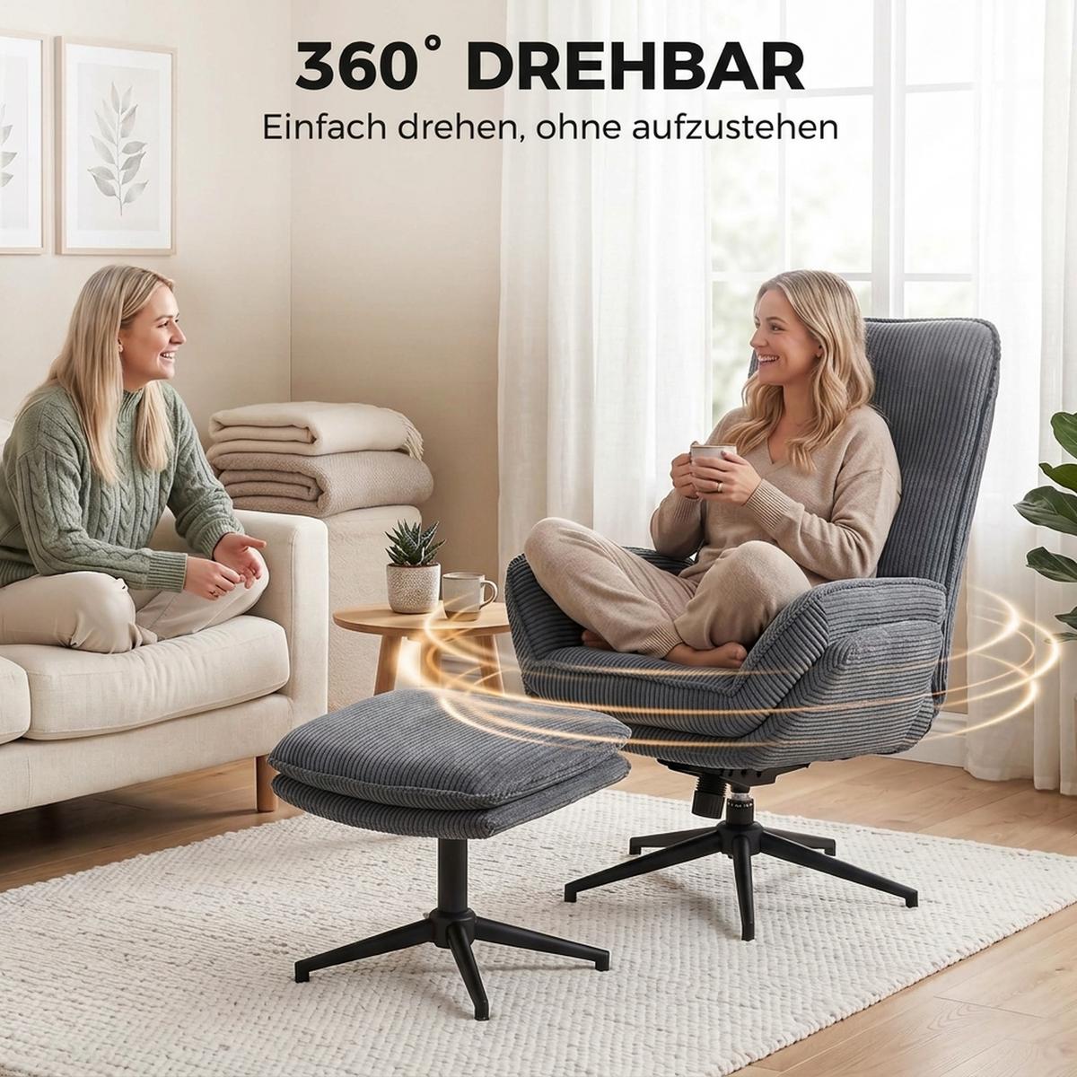 RELAXSESSEL mit Hocker Polyester Grau - Schwarz/Grau, Textil/Metall (72/107/83cm) - HOMCOM