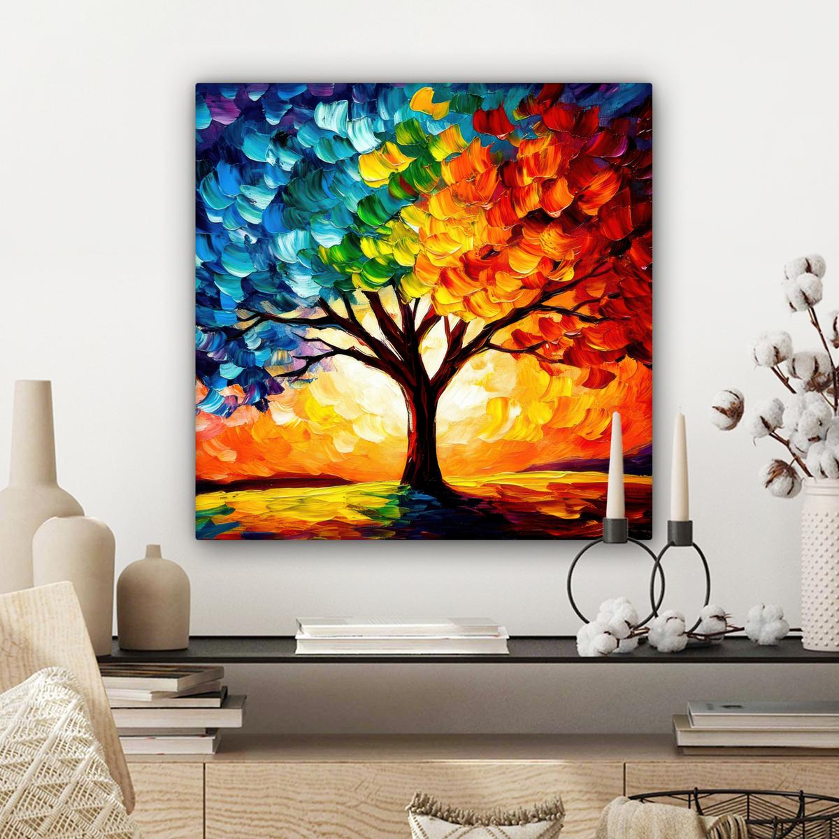 LEINWANDBILD Baum - Kunst - Natur - Sonnenuntergang Wandbild Wohnzimmer 50x50 cm - Multicolor, Textil (50/50cm) - MuchoWow