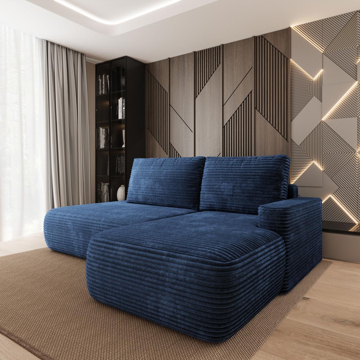 ECKSOFA AVINI T R-S Blau Kordstoff mit Schlaffunktion - Blau, Holzwerkstoff/Textil (277/160cm) - MASSENO