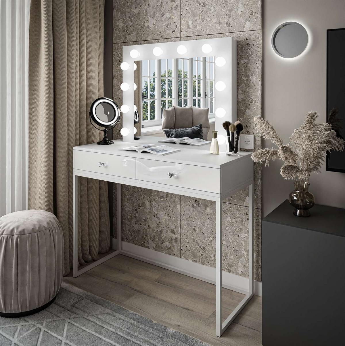 SCHMINKTISCH BLANCO LOFT mit Spiegel und Beleuchtung Weiß Hochglanz Kristallgriff - Weiß Hochglanz/Weiß, Holzwerkstoff (100/146/42cm) - Lookway