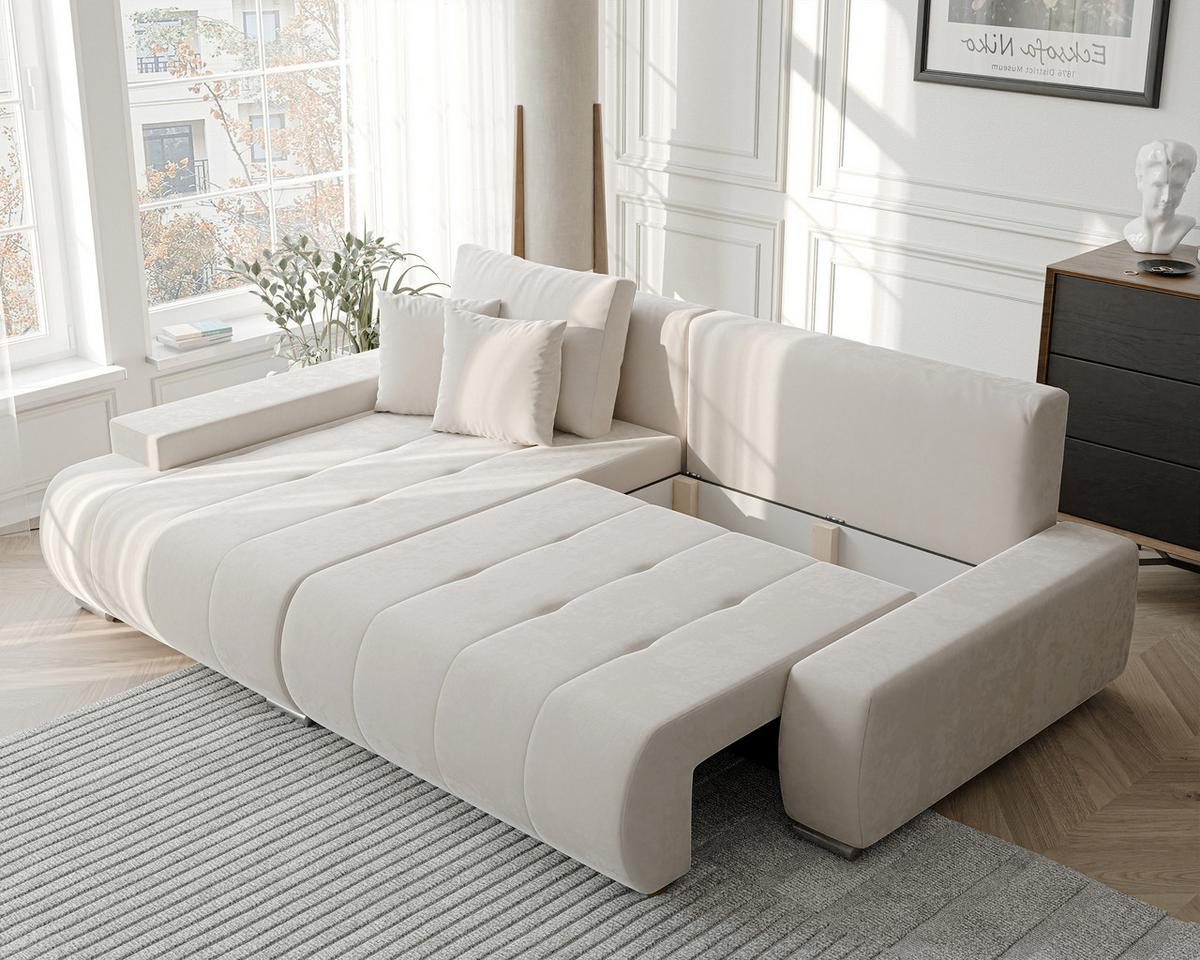 ECKSOFA NIKO Links, mit Schlaffunktion und Bettkasten, Creme - Creme, Textil (227/153cm) - Idohome
