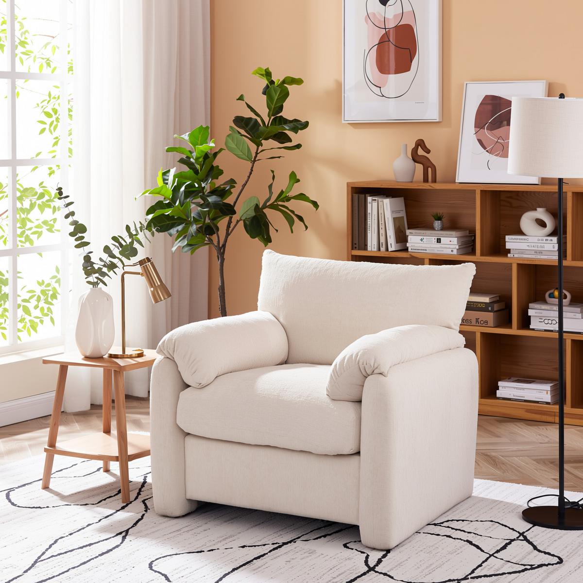 SESSEL Chenille Beige 96 cm Lounge Sessel mit Armlehnen und breiter Sitzfläche für Wohnzimmer - Beige, Textil (96/84/82cm) - Urban Meuble