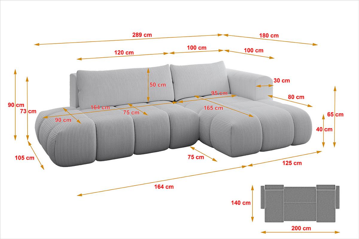 ECKSOFA Ottomane Rechts CLOUD-L 280x185x90 Grau Cord - Grau, Holzwerkstoff/Kunststoff (185/280cm) - ALTDECOR