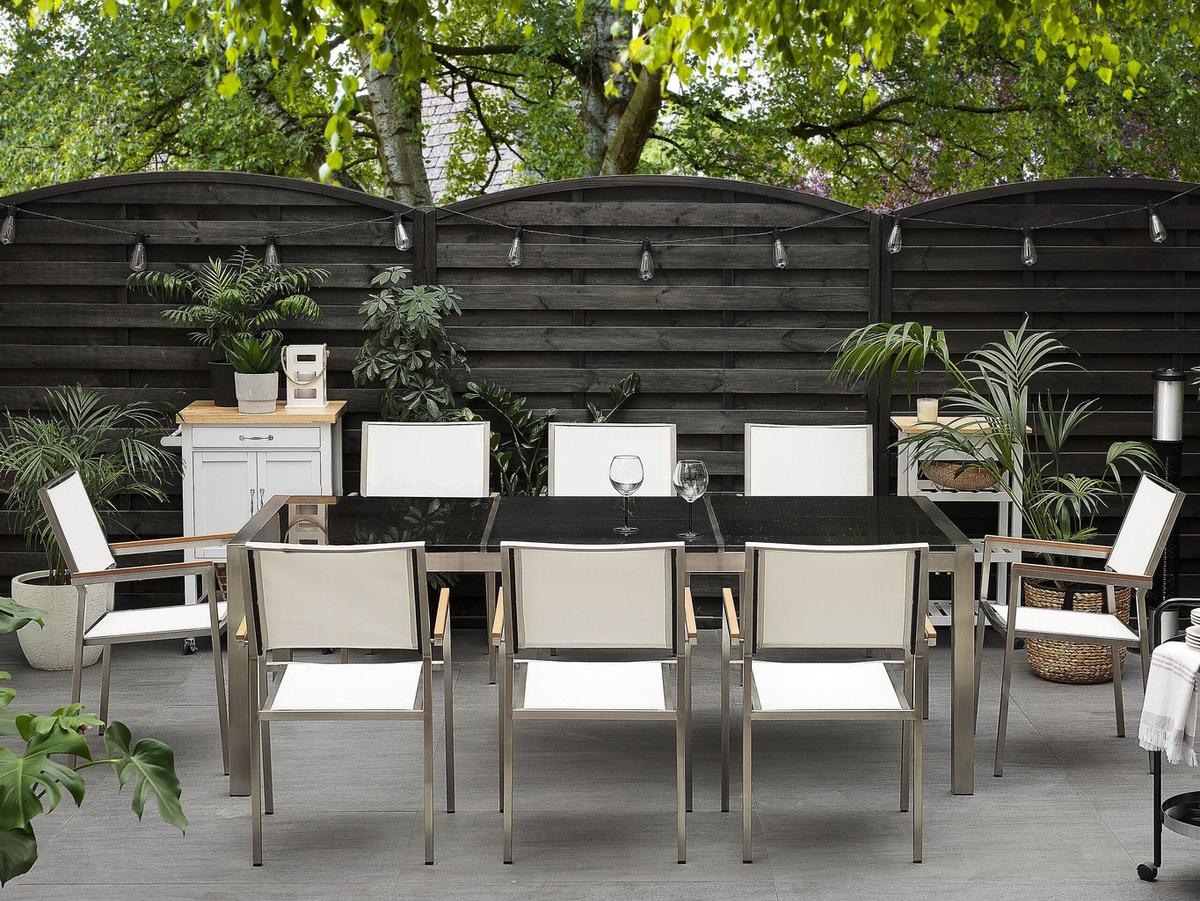 GARTENMÖBEL SET 8-Sitzer Naturstein schwarz poliert Textilbespannung weiß Grosseto - Silberfarben/Schwarz, Metall - Beliani