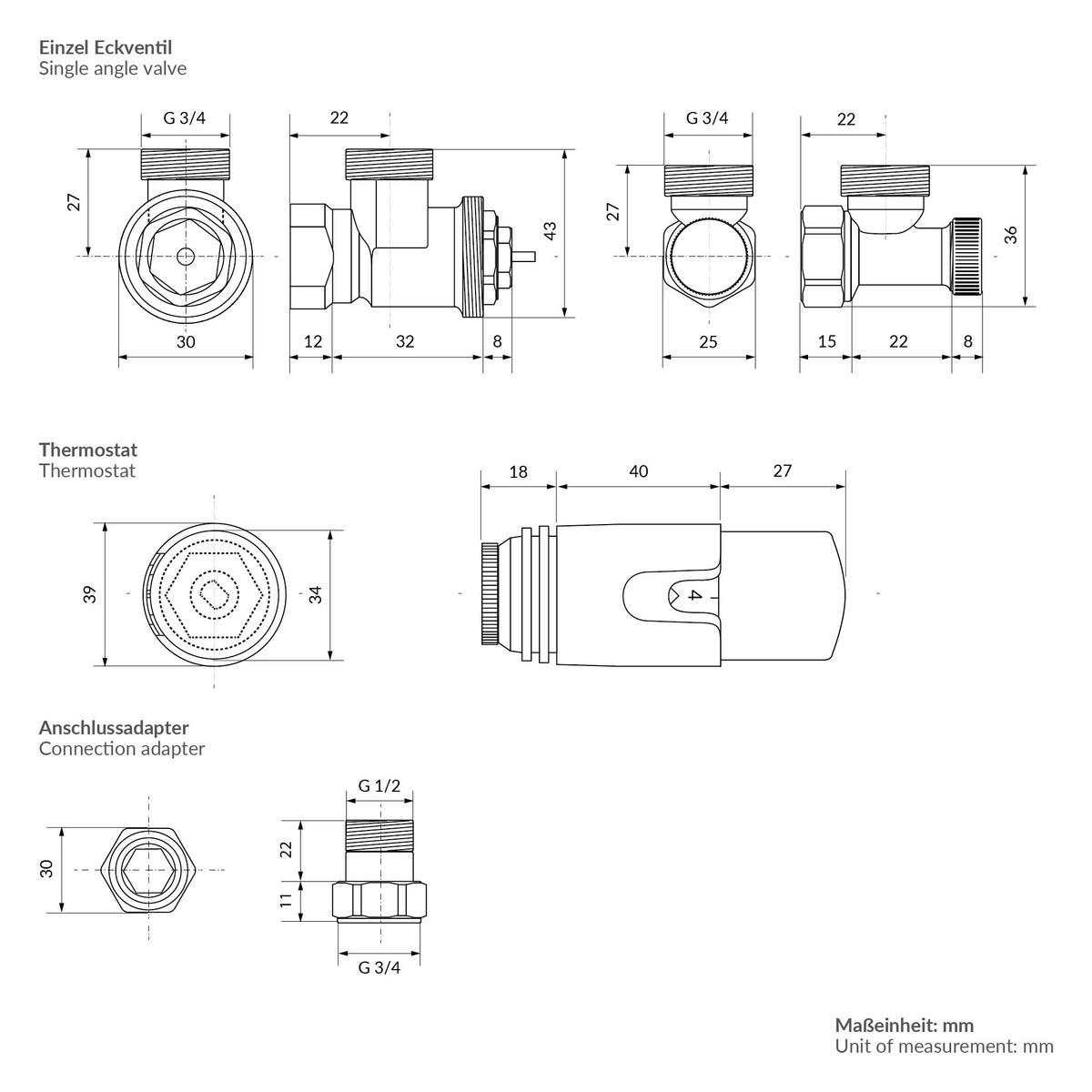 HEIZKÖRPERVENTIL 1/2 Zoll Heizungsventil für Heizkörper Eckventil Anthrazit - Anthrazit, Metall (3/3.9/4.3cm) - LuxeBath