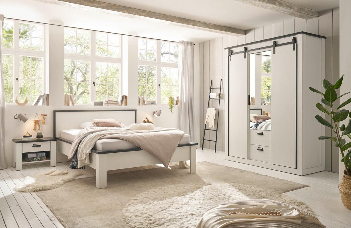BETT weiß Pinie, anthrazit Landhaus, Einzelbett Liegefläche 140 x 200 cm - Anthrazit/Weiß, Holzwerkstoff (140/200cm) - Furn.Design