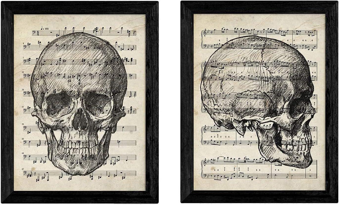 POSTER Set Mit 2 Vintage-Totenkopf Mit Notenblätter A4 Schwarzer Rahmen - Schwarz, Papier (29.7/5/21cm) - Nacnic
