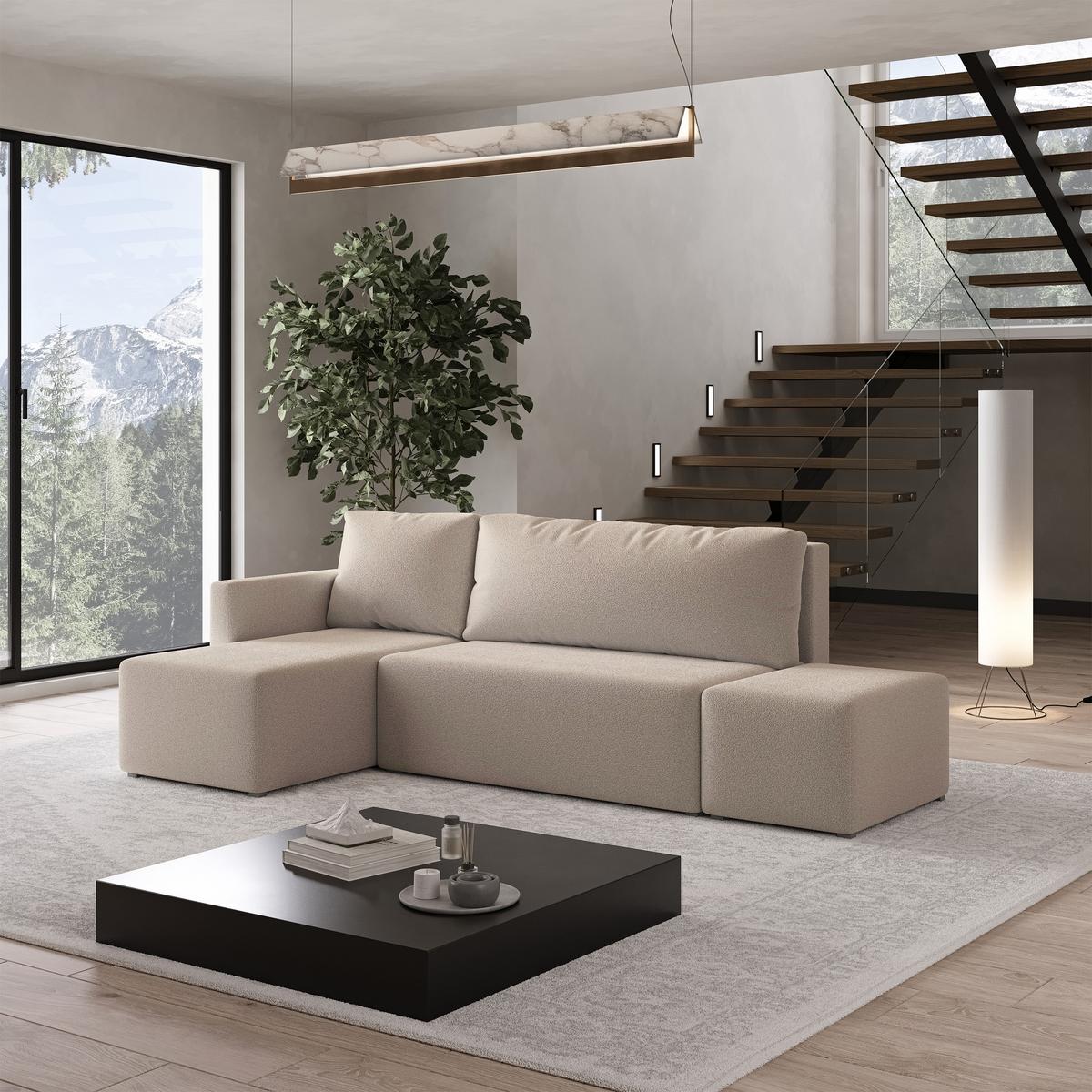 ECKSOFA VELOTTI L-S Beige Boucle-Stoff mit Schlaffunktion - Beige, Holz (261/143cm) - MASSENO