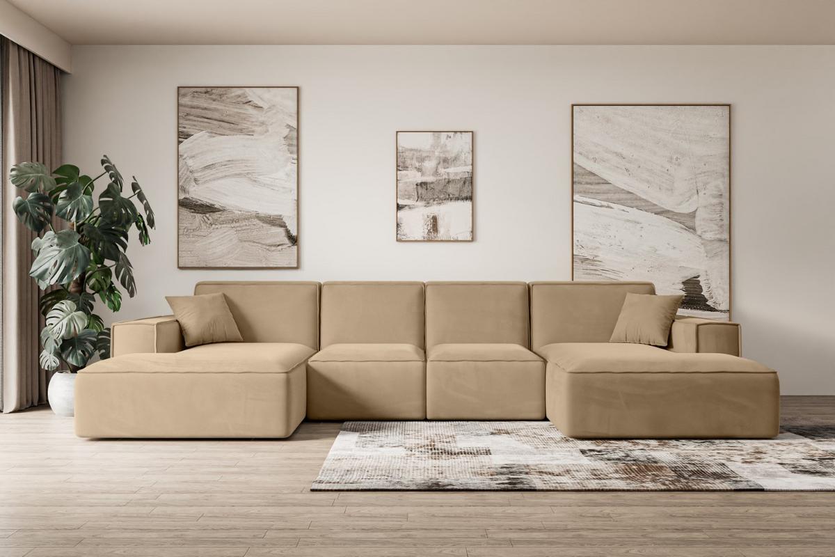 WOHNLANDSCHAFT SIERRA-U - 349x169x80 cm Beige Velours - Beige/Schwarz, Holzwerkstoff/Kunststoff (349/80/169cm) - ALTDECOR